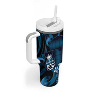 Blue Hafa Adai Guam Tumbler With Handle Chamorro Latte Stone Hand With Plumeria LT14 - Polynesian Pride