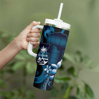 Blue Hafa Adai Guam Tumbler With Handle Chamorro Latte Stone Hand With Plumeria LT14 - Polynesian Pride