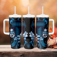Blue Hafa Adai Guam Tumbler With Handle Chamorro Latte Stone Hand With Plumeria LT14 - Polynesian Pride