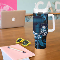 Blue Hafa Adai Guam Tumbler With Handle Chamorro Latte Stone Hand With Plumeria LT14 - Polynesian Pride