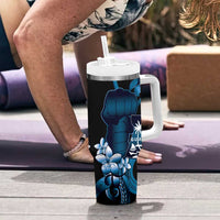 Blue Hafa Adai Guam Tumbler With Handle Chamorro Latte Stone Hand With Plumeria LT14 - Polynesian Pride