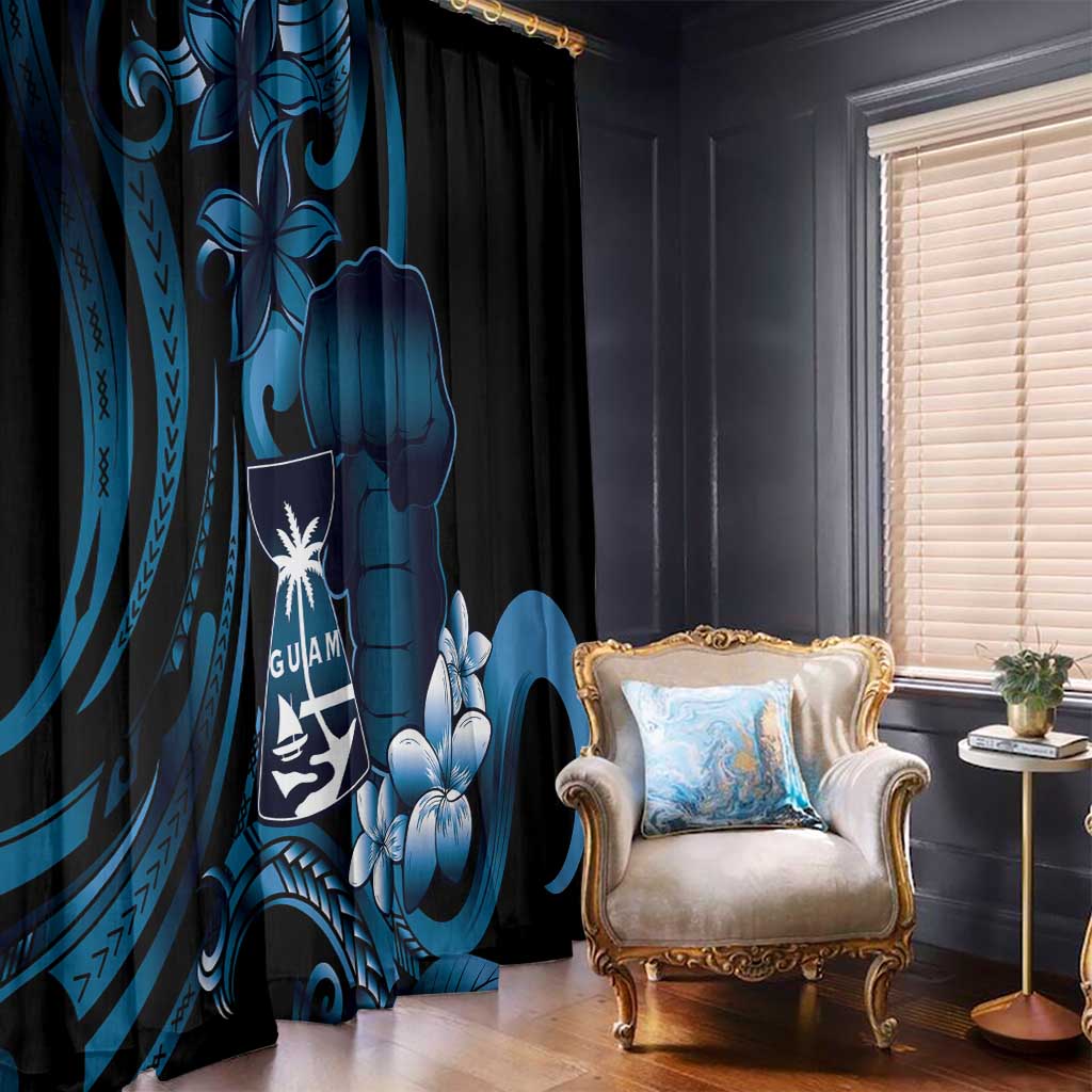 Blue Hafa Adai Guam Window Curtain Chamorro Latte Stone Hand With Plumeria LT14 - Polynesian Pride