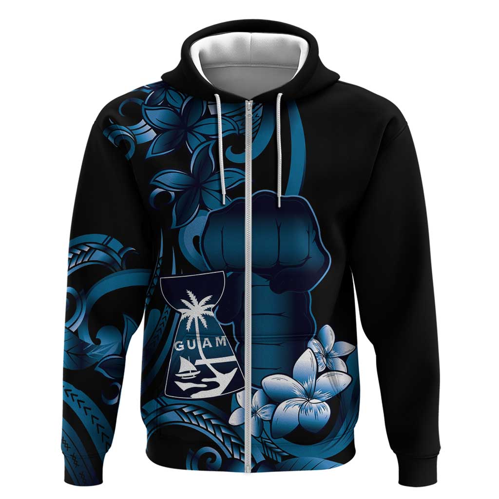 Blue Hafa Adai Guam Zip Hoodie Chamorro Latte Stone Hand With Plumeria LT14 Zip Hoodie Blue - Polynesian Pride