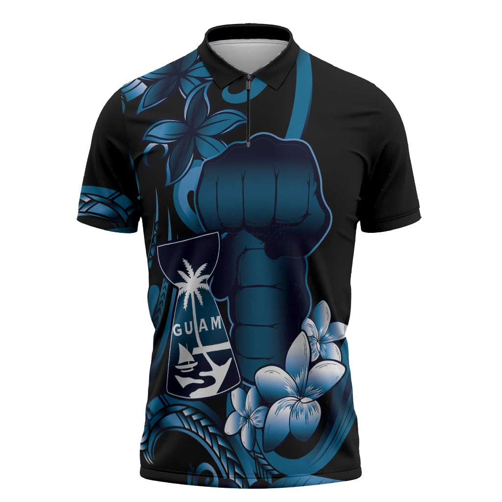 Blue Hafa Adai Guam Zipper Polo Shirt Chamorro Latte Stone Hand With Plumeria LT14 Blue - Polynesian Pride