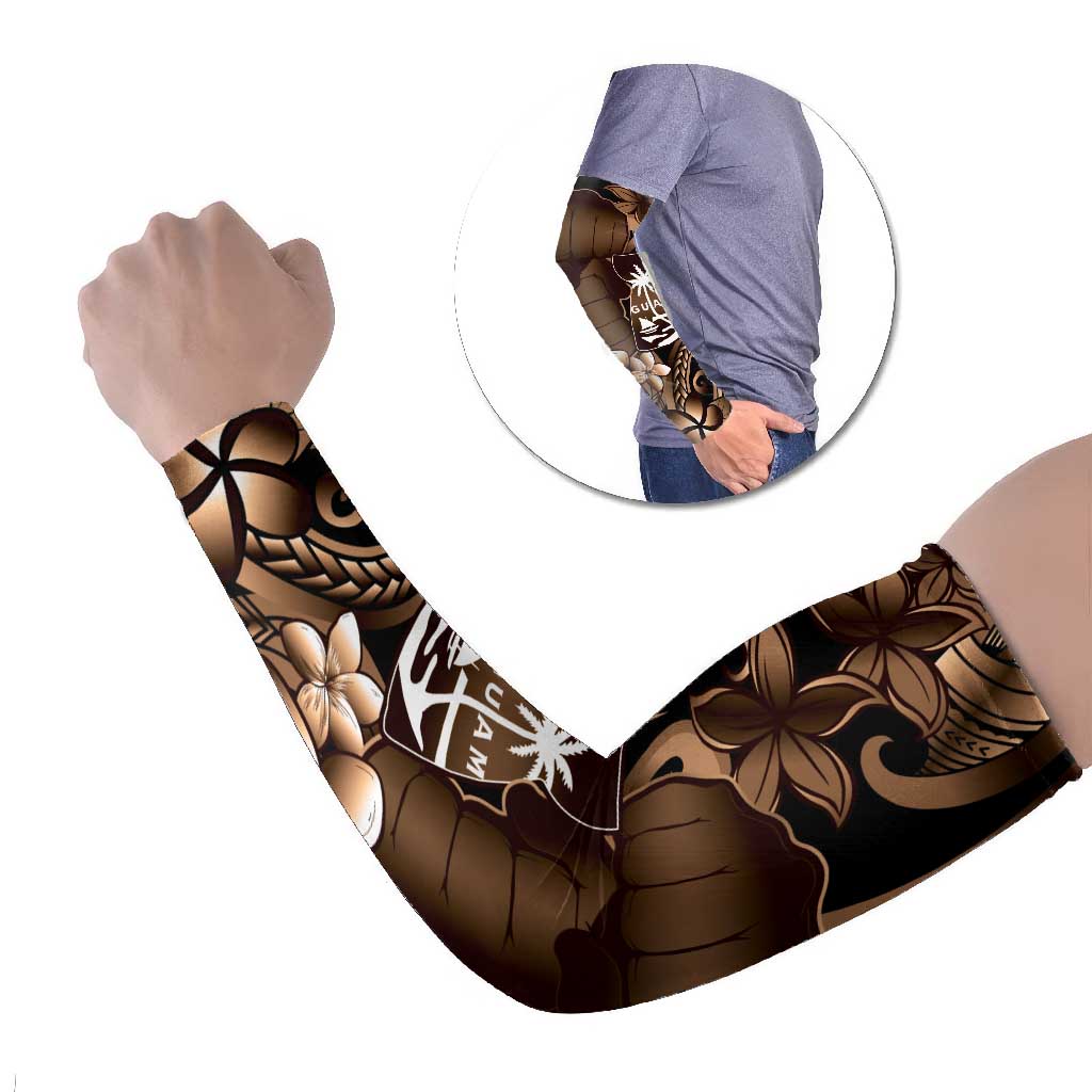 Brown Hafa Adai Guam Arm Sleeves Chamorro Latte Stone Hand With Plumeria LT14 Set of 2 Brown - Polynesian Pride