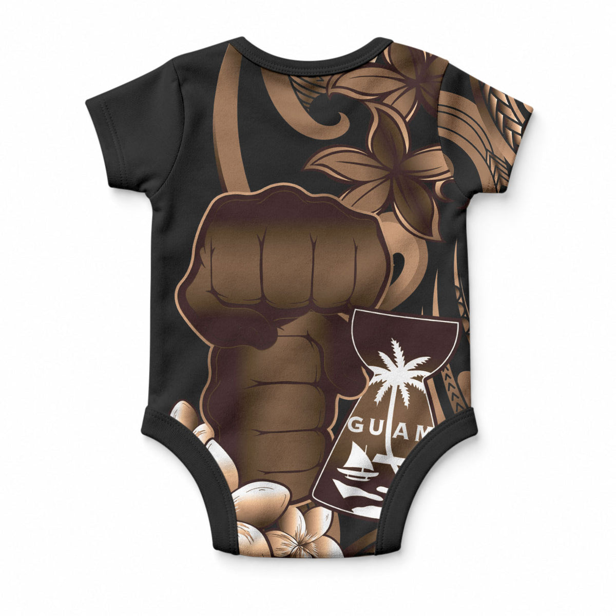 Brown Hafa Adai Guam Baby Onesie Chamorro Latte Stone Hand With Plumeria LT14 - Polynesian Pride