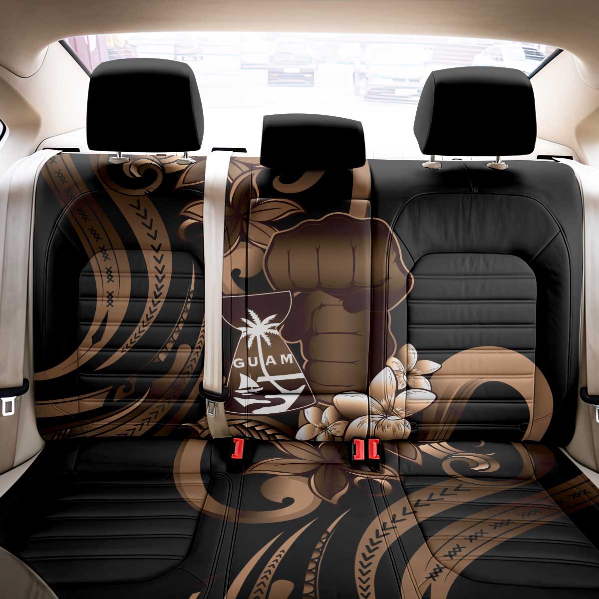 Brown Hafa Adai Guam Back Car Seat Cover Chamorro Latte Stone Hand With Plumeria LT14 - Polynesian Pride