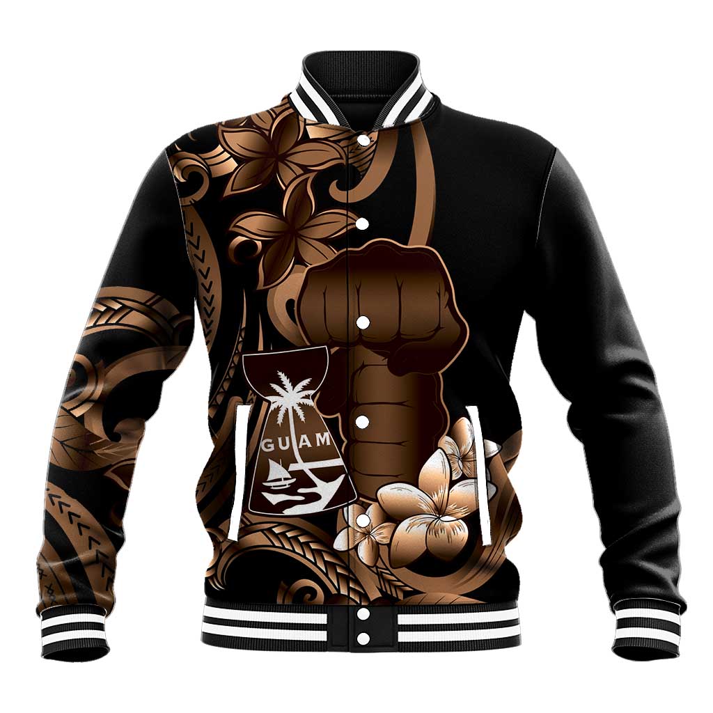 Brown Hafa Adai Guam Baseball Jacket Chamorro Latte Stone Hand With Plumeria LT14 Unisex Brown - Polynesian Pride