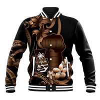 Brown Hafa Adai Guam Baseball Jacket Chamorro Latte Stone Hand With Plumeria LT14 Unisex Brown - Polynesian Pride