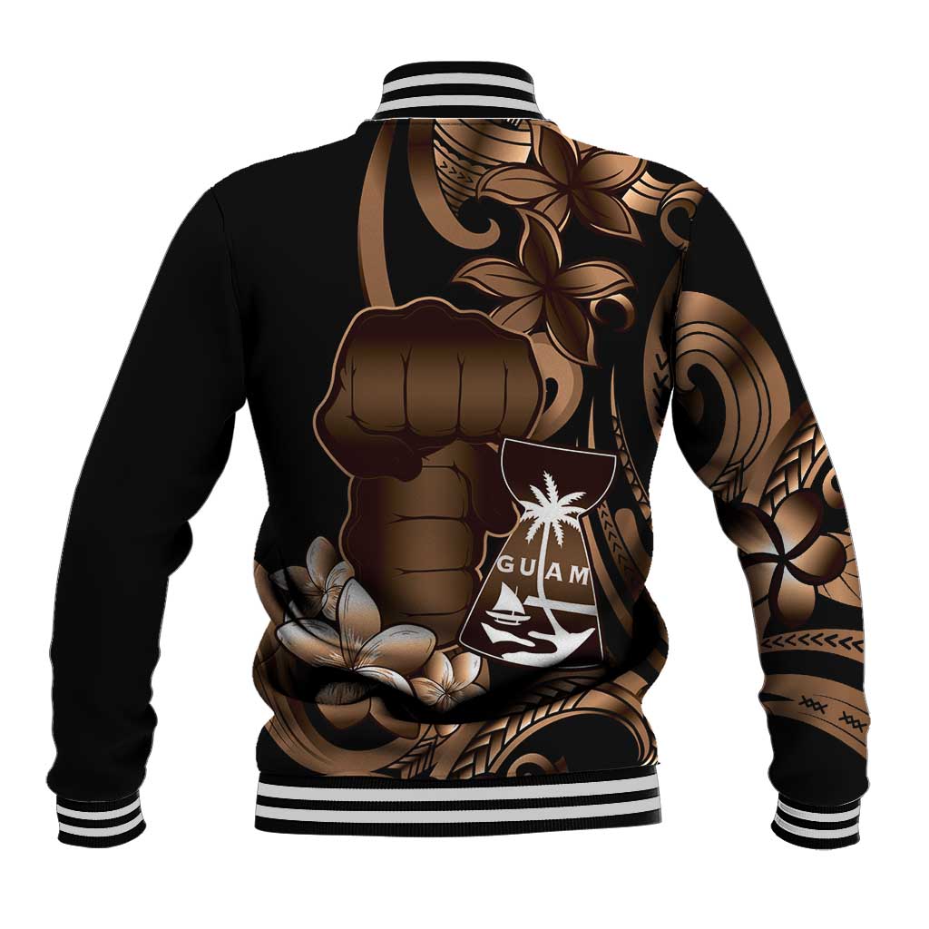 Brown Hafa Adai Guam Baseball Jacket Chamorro Latte Stone Hand With Plumeria LT14 - Polynesian Pride