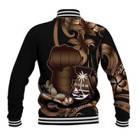 Brown Hafa Adai Guam Baseball Jacket Chamorro Latte Stone Hand With Plumeria LT14 - Polynesian Pride