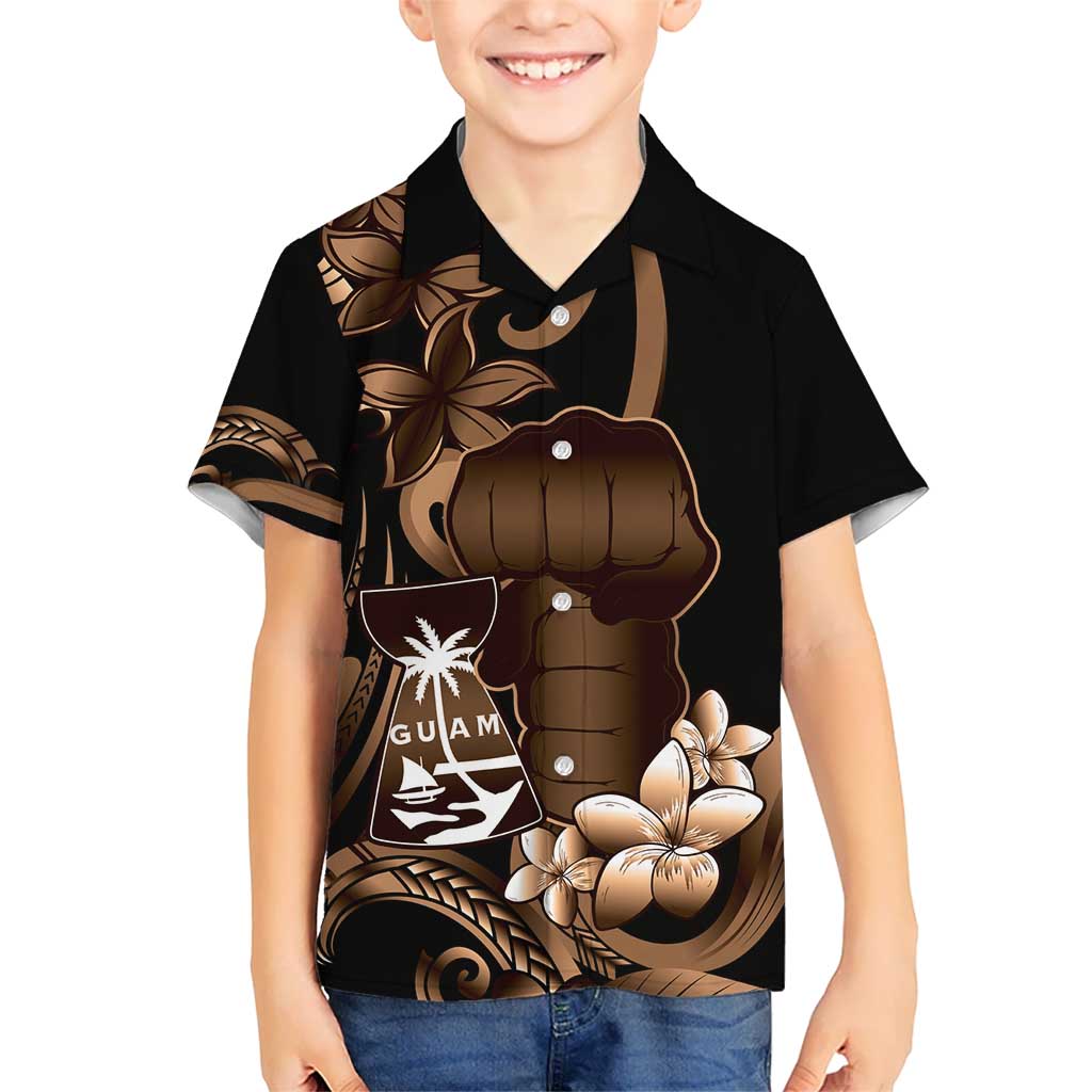 Brown Hafa Adai Guam Kid Hawaiian Shirt Chamorro Latte Stone Hand With Plumeria LT14 Kid Brown - Polynesian Pride