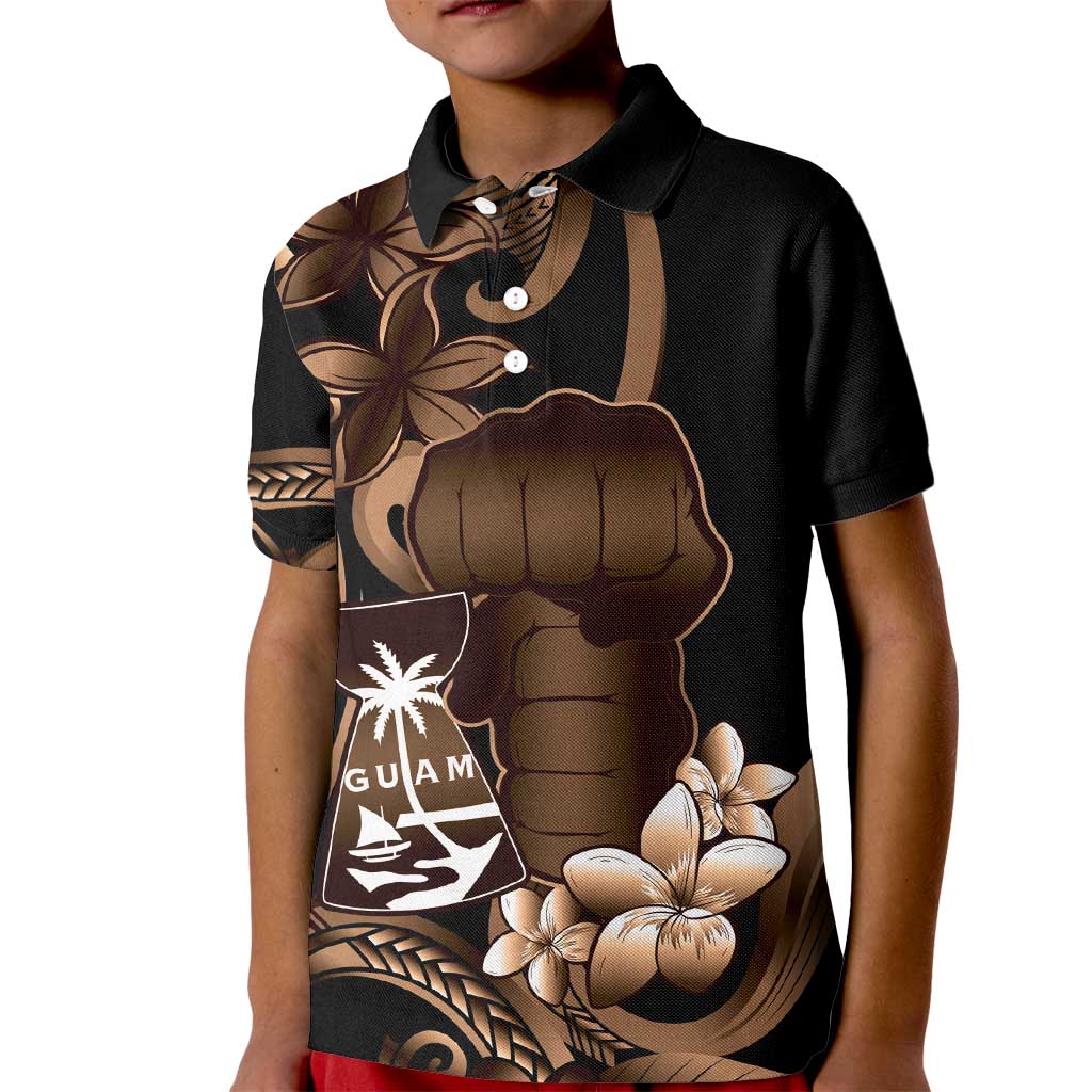 Brown Hafa Adai Guam Kid Polo Shirt Chamorro Latte Stone Hand With Plumeria LT14 Kid Brown - Polynesian Pride