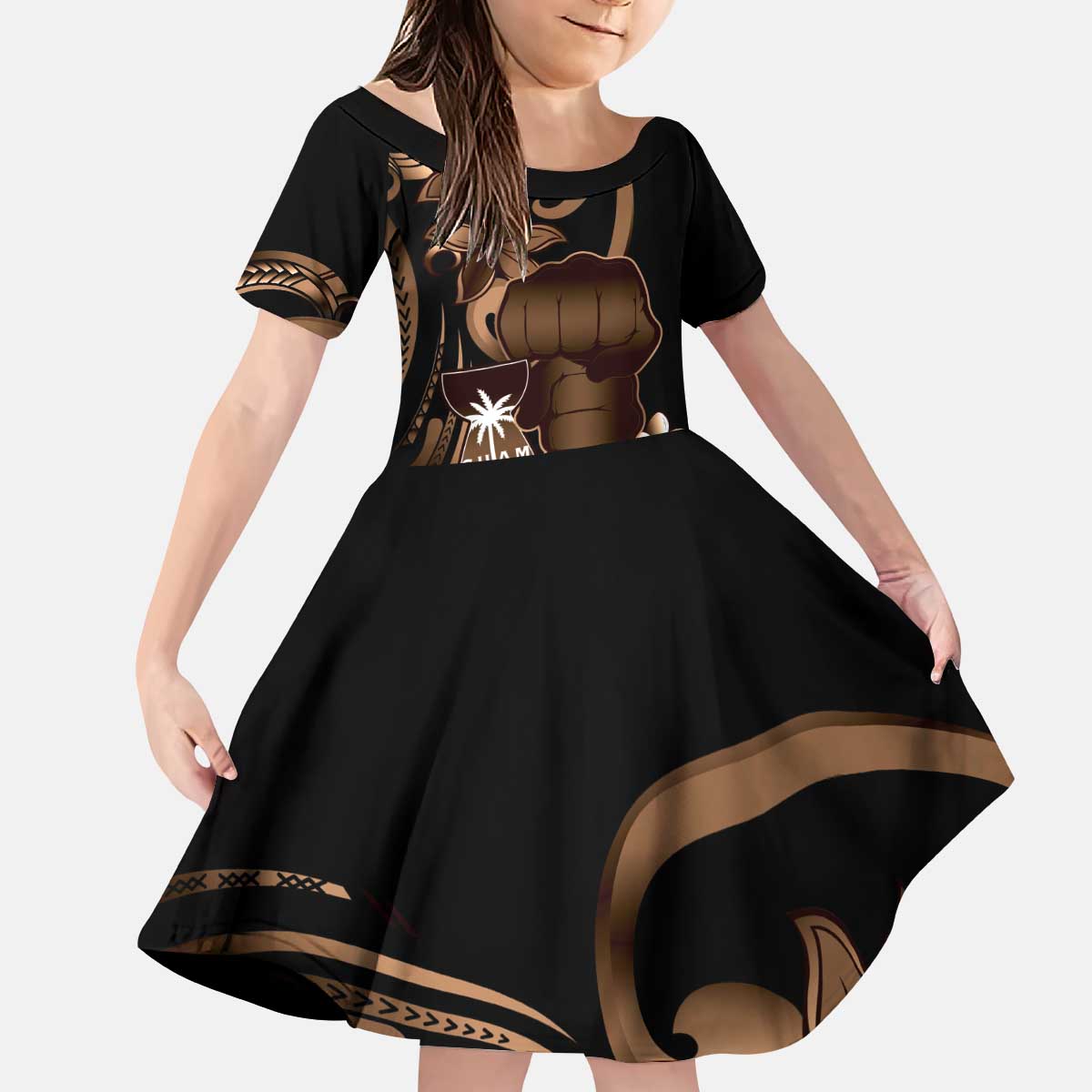 Brown Hafa Adai Guam Kid Short Sleeve Dress Chamorro Latte Stone Hand With Plumeria LT14 KID Brown - Polynesian Pride