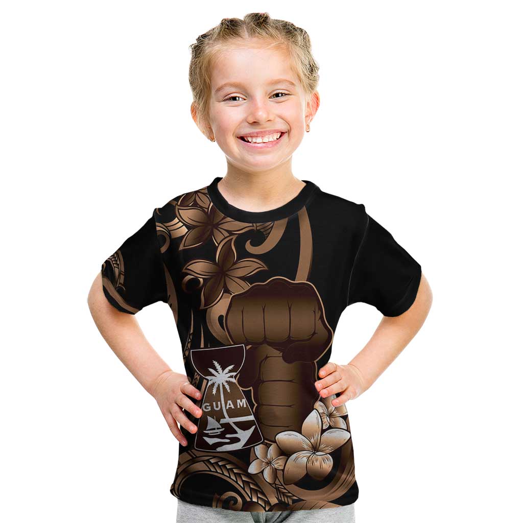 Brown Hafa Adai Guam Kid T Shirt Chamorro Latte Stone Hand With Plumeria LT14 Brown - Polynesian Pride