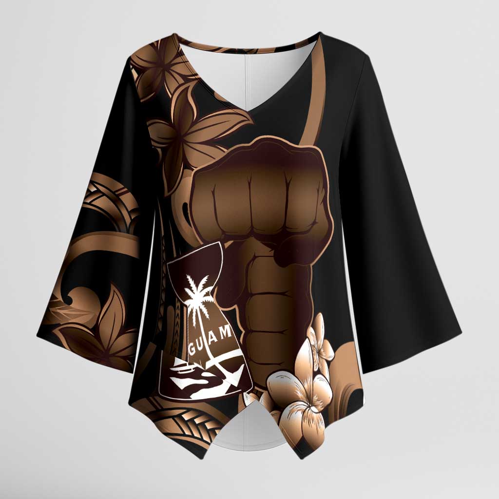 Brown Hafa Adai Guam Kimono Sleeve Blouse Chamorro Latte Stone Hand With Plumeria LT14 Female Brown - Polynesian Pride