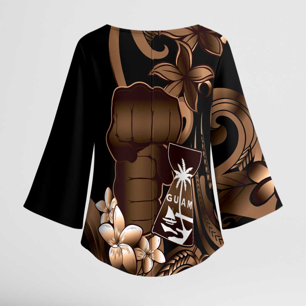Brown Hafa Adai Guam Kimono Sleeve Blouse Chamorro Latte Stone Hand With Plumeria LT14 - Polynesian Pride