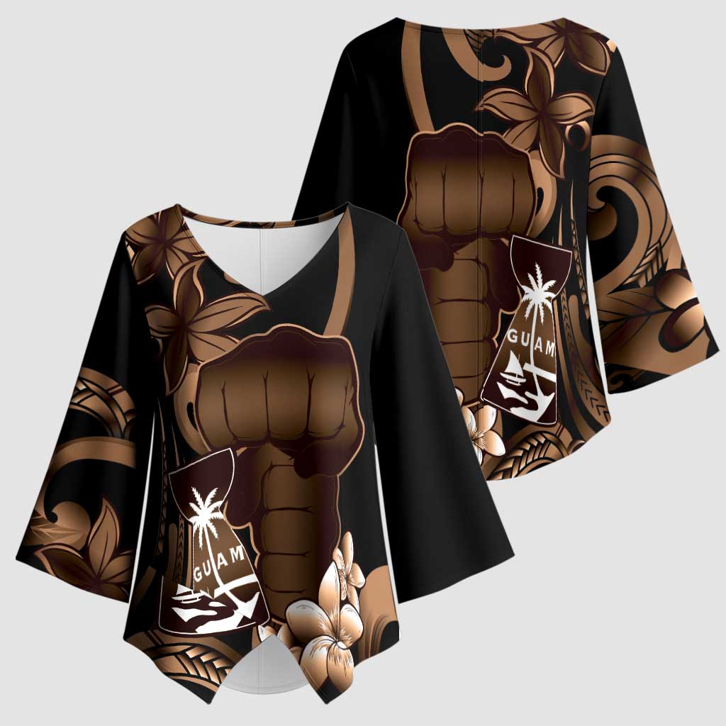 Brown Hafa Adai Guam Kimono Sleeve Blouse Chamorro Latte Stone Hand With Plumeria LT14 - Polynesian Pride