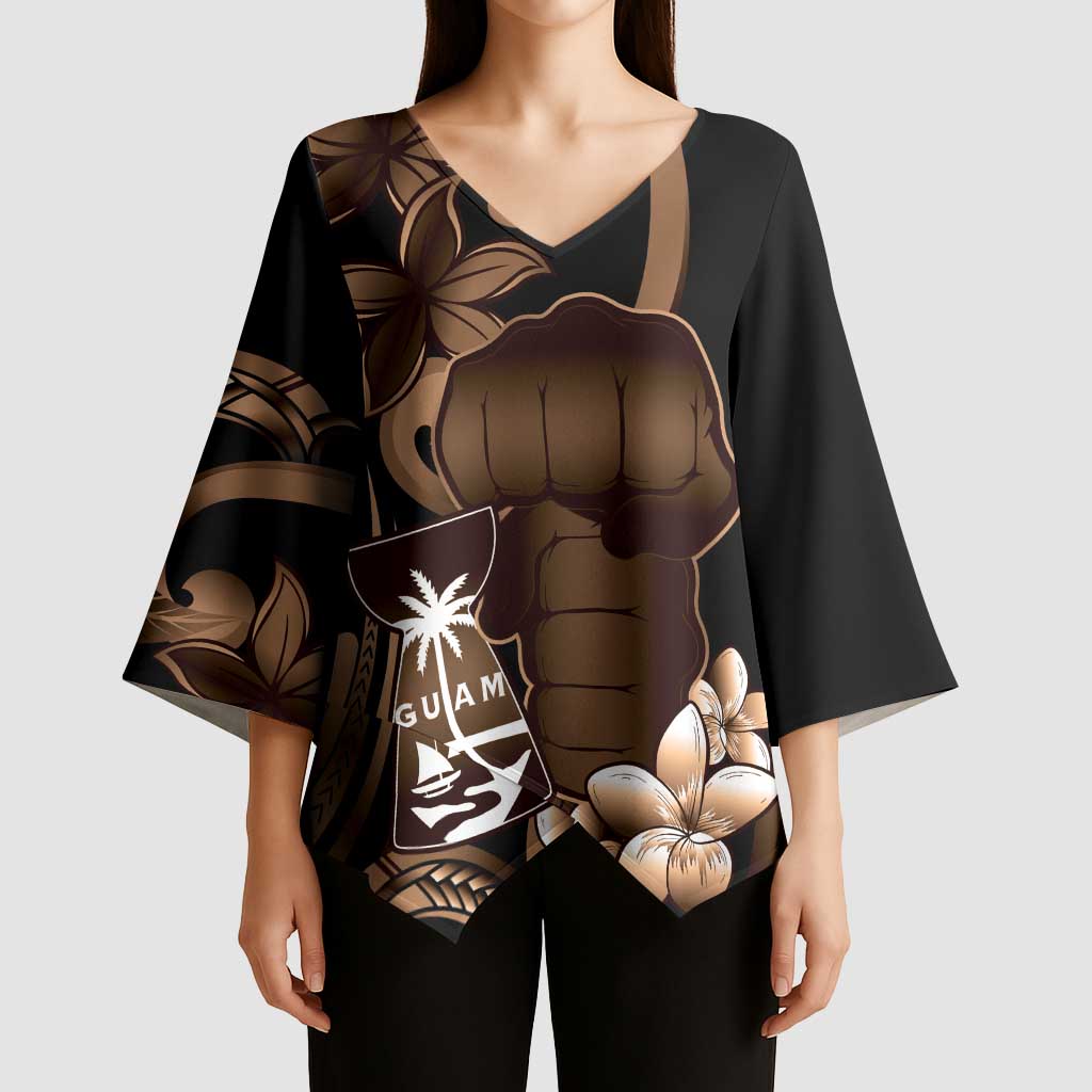 Brown Hafa Adai Guam Kimono Sleeve Blouse Chamorro Latte Stone Hand With Plumeria LT14 - Polynesian Pride