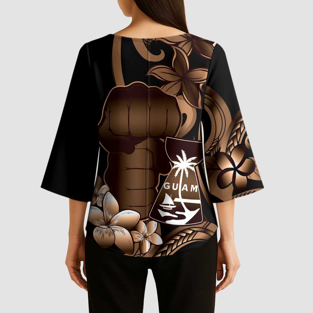 Brown Hafa Adai Guam Kimono Sleeve Blouse Chamorro Latte Stone Hand With Plumeria LT14 - Polynesian Pride