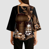 Brown Hafa Adai Guam Kimono Sleeve Blouse Chamorro Latte Stone Hand With Plumeria LT14 - Polynesian Pride