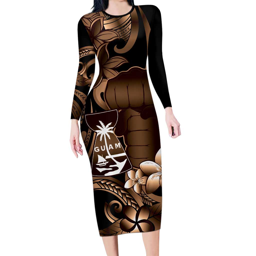 Brown Hafa Adai Guam Long Sleeve Bodycon Dress Chamorro Latte Stone Hand With Plumeria LT14 Long Dress Brown - Polynesian Pride