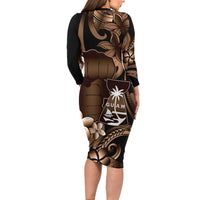 Brown Hafa Adai Guam Long Sleeve Bodycon Dress Chamorro Latte Stone Hand With Plumeria LT14 - Polynesian Pride