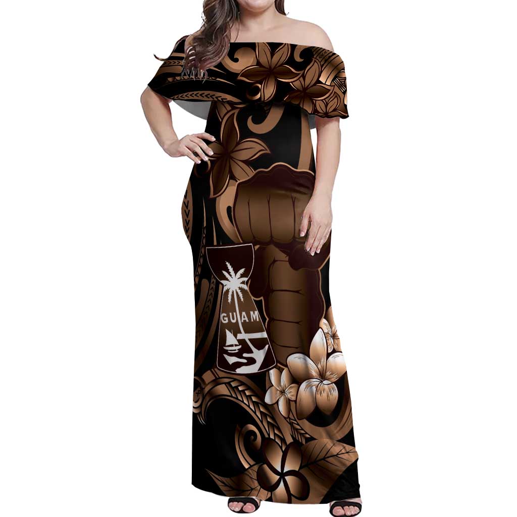 Brown Hafa Adai Guam Off Shoulder Maxi Dress Chamorro Latte Stone Hand With Plumeria LT14 Women Brown - Polynesian Pride