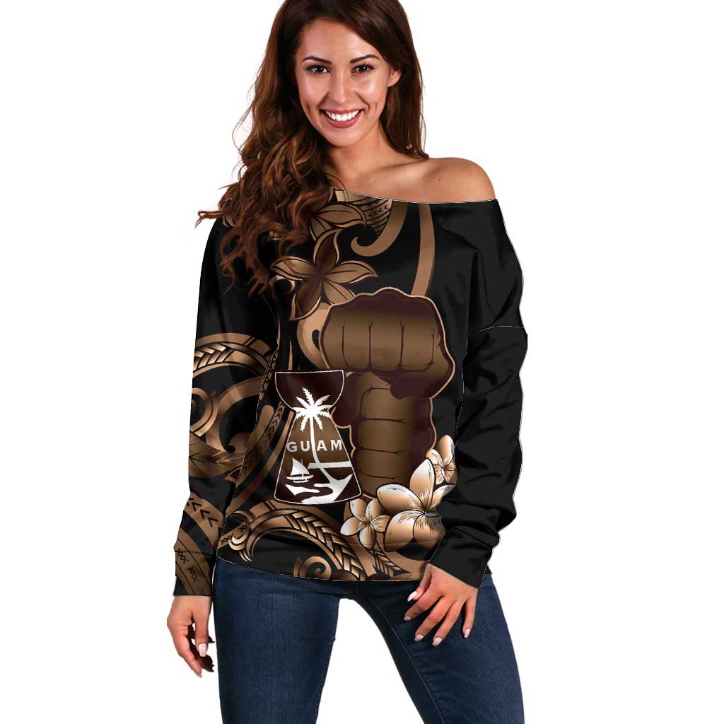 Brown Hafa Adai Guam Off Shoulder Sweater Chamorro Latte Stone Hand With Plumeria LT14 Women Brown - Polynesian Pride