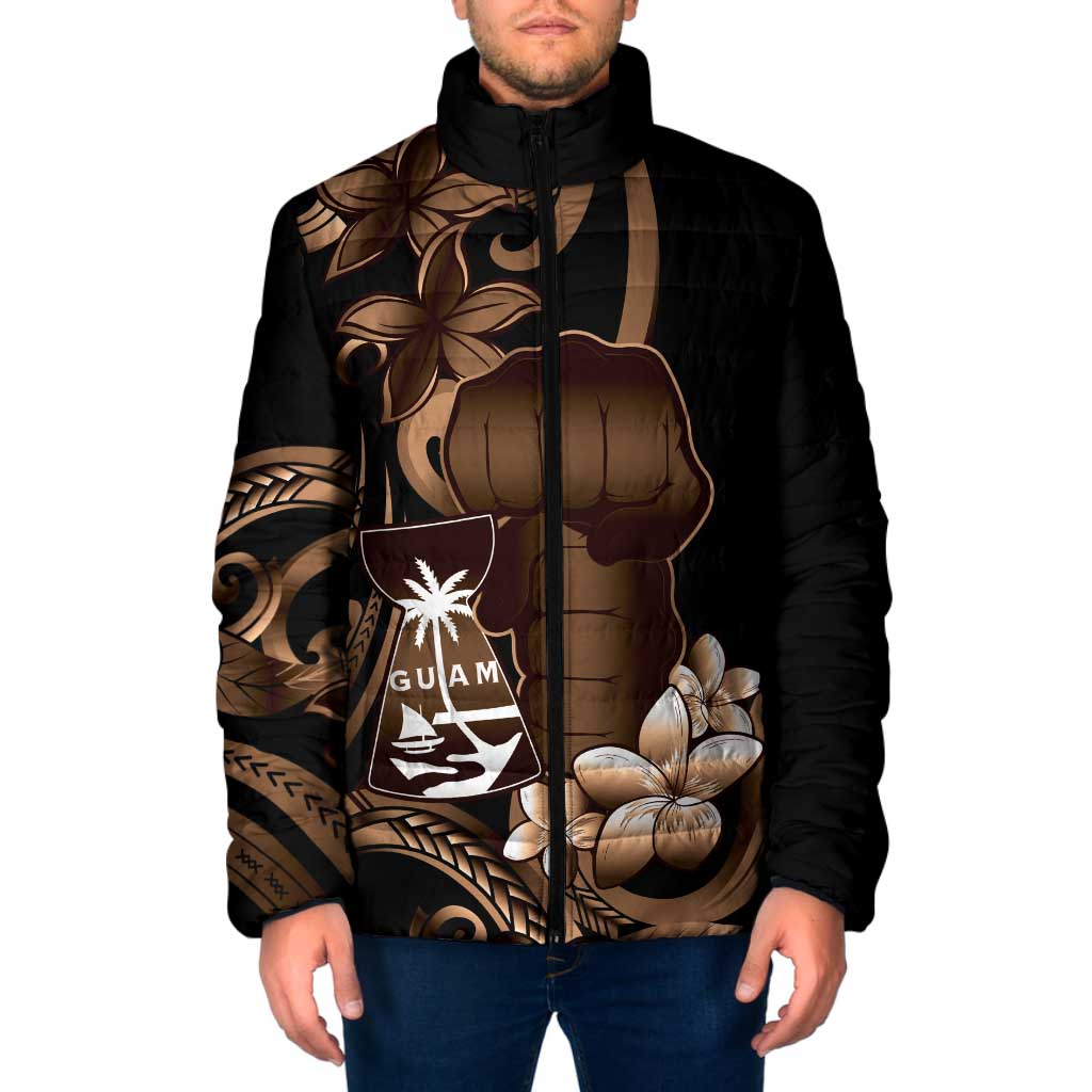 Brown Hafa Adai Guam Padded Jacket Chamorro Latte Stone Hand With Plumeria LT14 Men Brown - Polynesian Pride