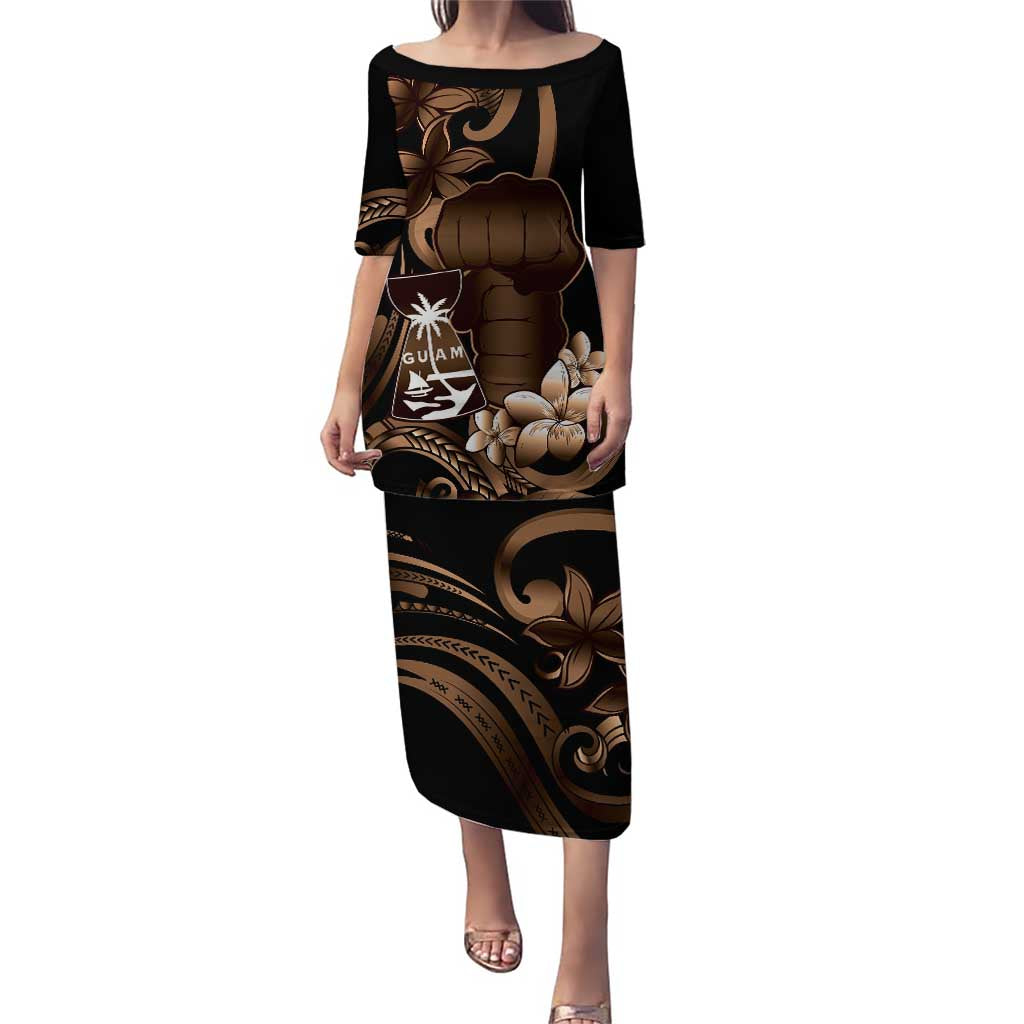 Brown Hafa Adai Guam Puletasi Chamorro Latte Stone Hand With Plumeria LT14 Long Dress Brown - Polynesian Pride