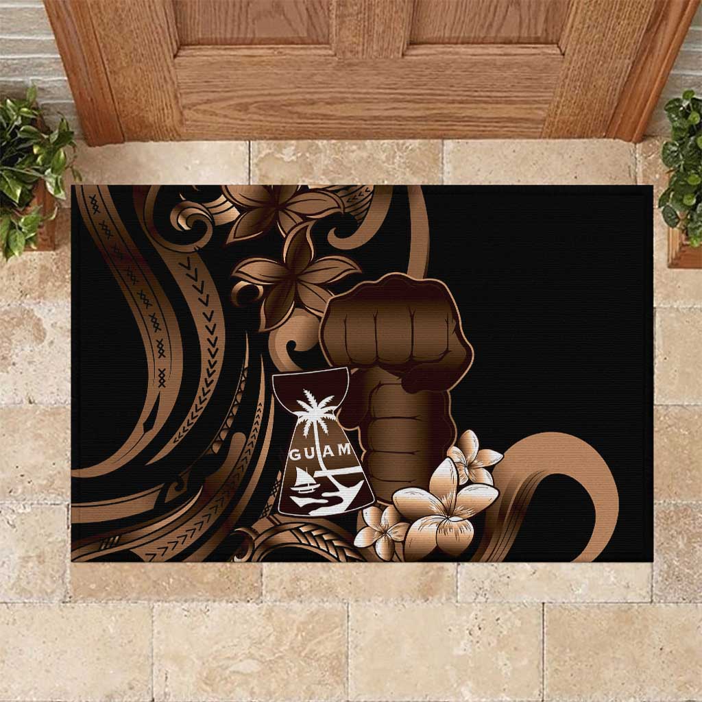 Brown Hafa Adai Guam Rubber Doormat Chamorro Latte Stone Hand With Plumeria LT14 Brown - Polynesian Pride