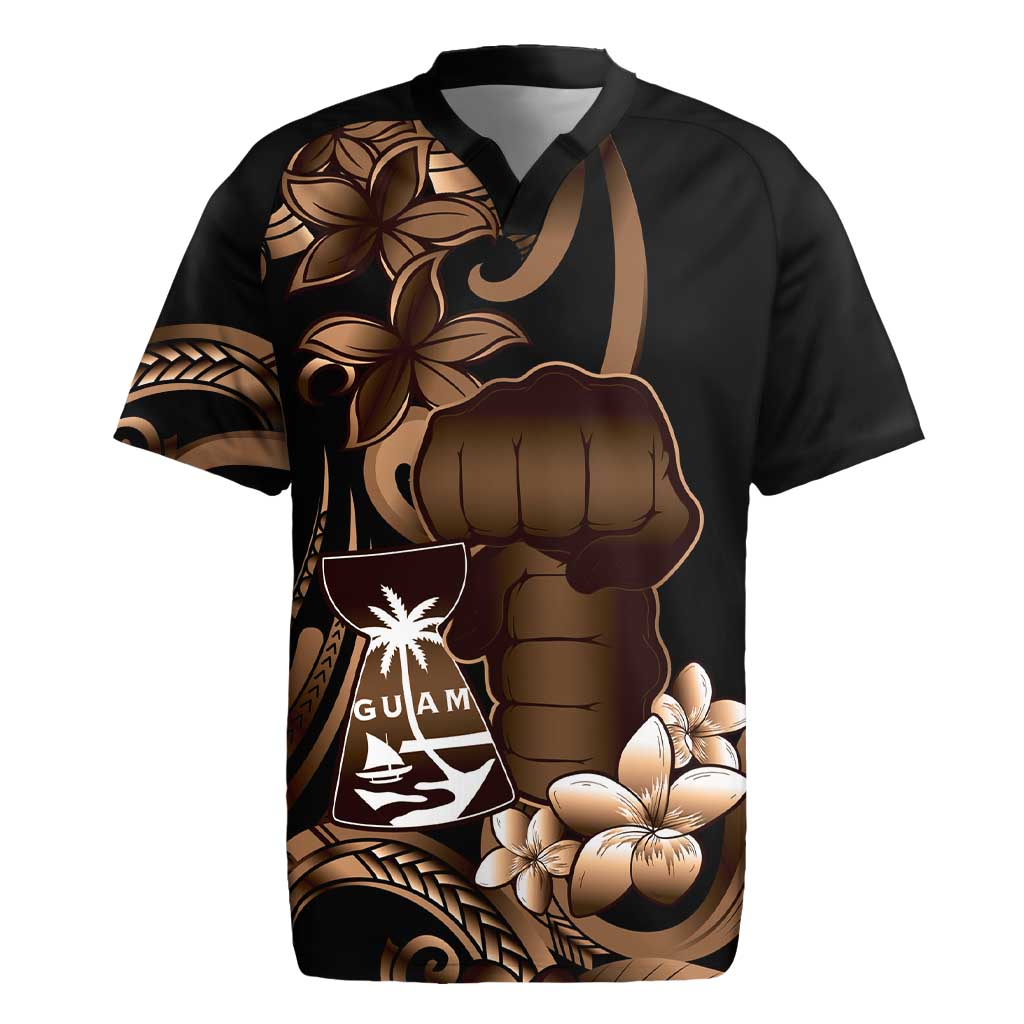 Brown Hafa Adai Guam Rugby Jersey Chamorro Latte Stone Hand With Plumeria LT14 Brown - Polynesian Pride