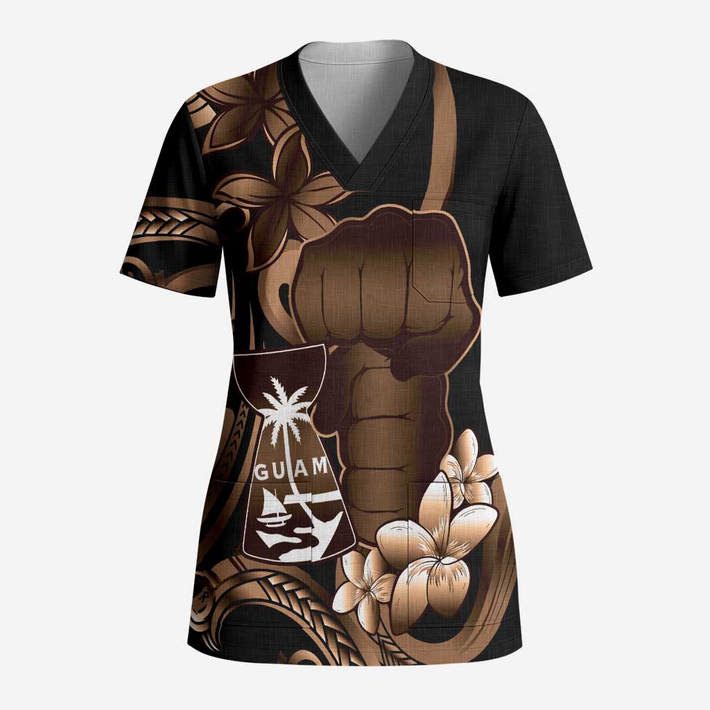 Brown Hafa Adai Guam Scrub Top Chamorro Latte Stone Hand With Plumeria LT14 Adult Brown - Polynesian Pride