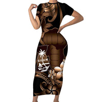 Brown Hafa Adai Guam Short Sleeve Bodycon Dress Chamorro Latte Stone Hand With Plumeria LT14 Long Dress Brown - Polynesian Pride