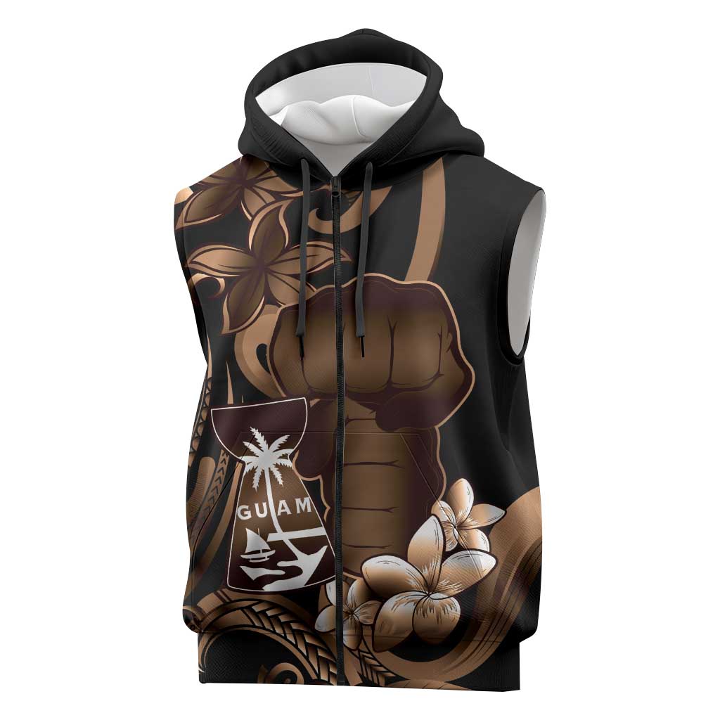 Brown Hafa Adai Guam Sleeveless Zip Hoodie Chamorro Latte Stone Hand With Plumeria LT14 Brown - Polynesian Pride