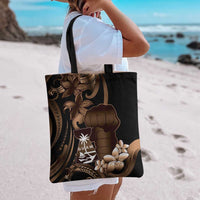 Brown Hafa Adai Guam Tote Bag Chamorro Latte Stone Hand With Plumeria LT14 - Polynesian Pride