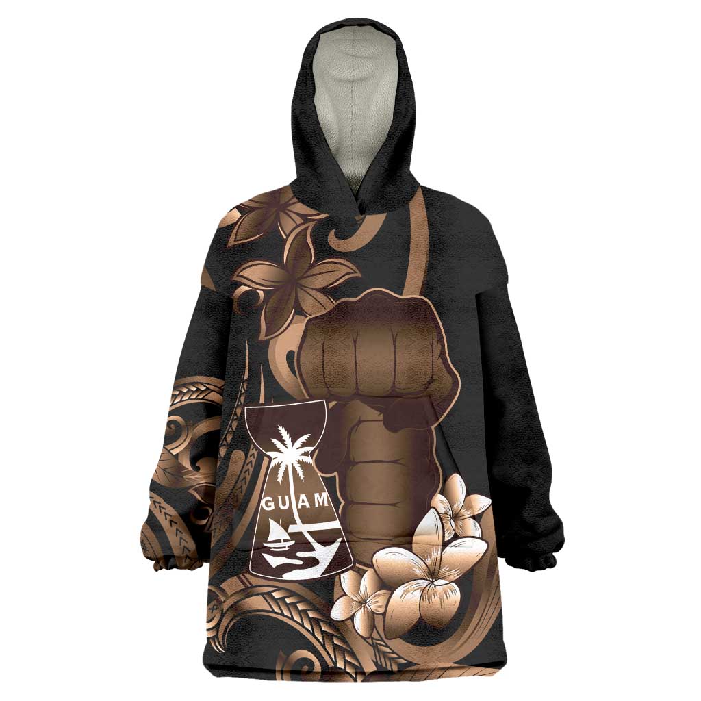 Brown Hafa Adai Guam Wearable Blanket Hoodie Chamorro Latte Stone Hand With Plumeria LT14 One Size Brown - Polynesian Pride
