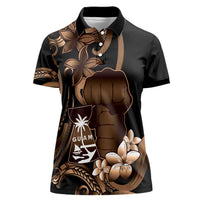 Brown Hafa Adai Guam Women Polo Shirt Chamorro Latte Stone Hand With Plumeria LT14 Female Brown - Polynesian Pride
