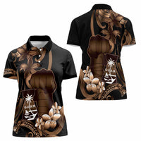 Brown Hafa Adai Guam Women Polo Shirt Chamorro Latte Stone Hand With Plumeria LT14 - Polynesian Pride