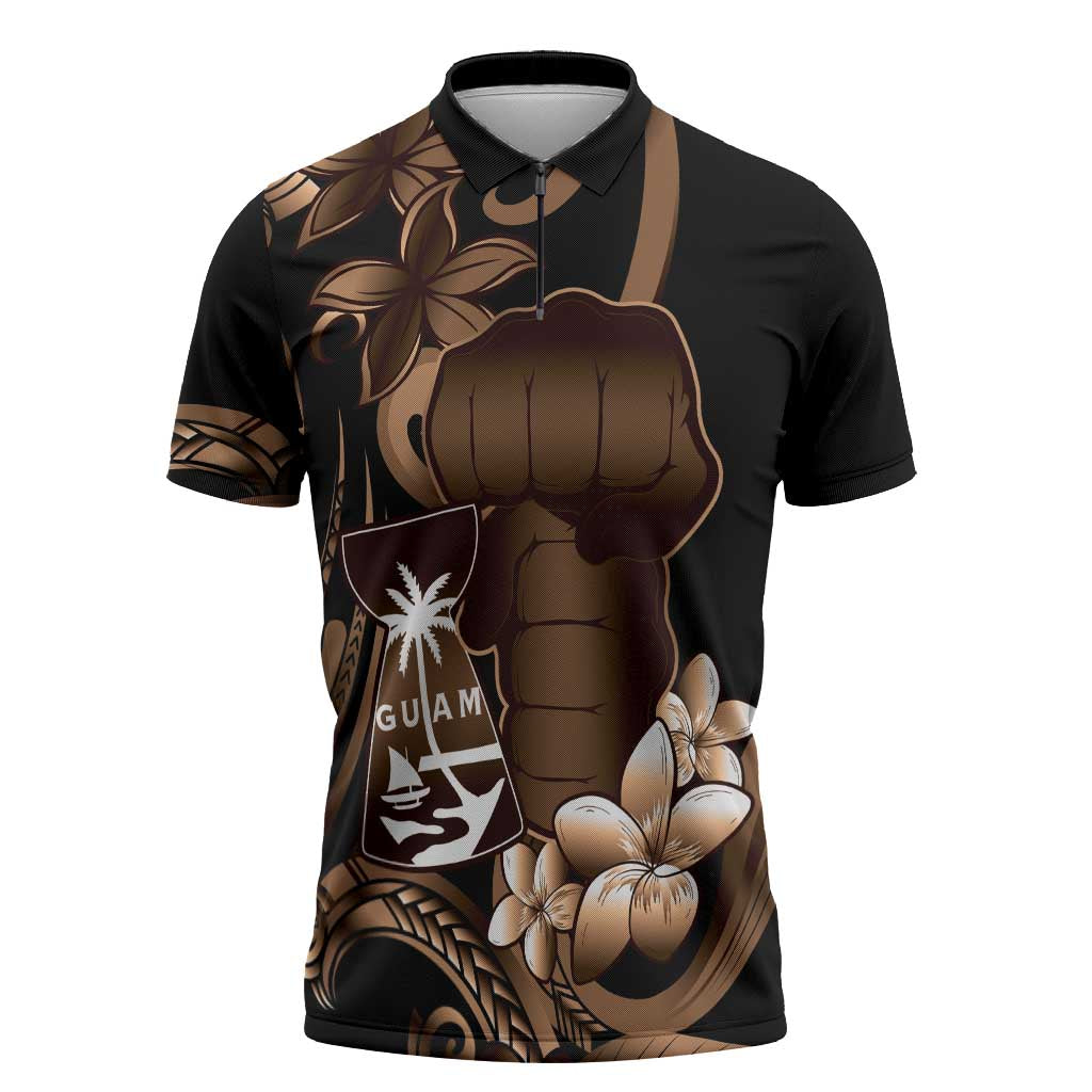 Brown Hafa Adai Guam Zipper Polo Shirt Chamorro Latte Stone Hand With Plumeria LT14 Brown - Polynesian Pride