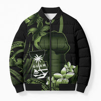 Green Hafa Adai Guam Bomber Puffer Jacket Chamorro Latte Stone Hand With Plumeria LT14 Unisex Green - Polynesian Pride