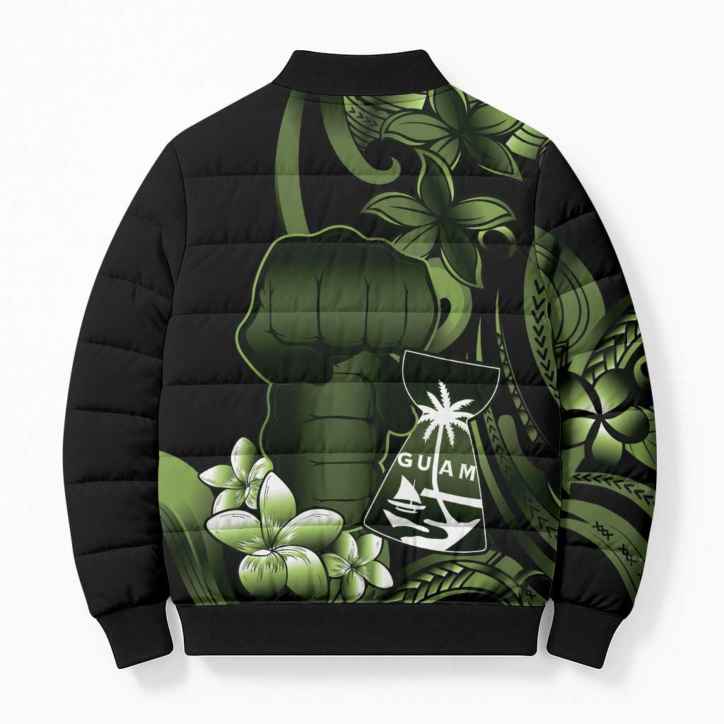 Green Hafa Adai Guam Bomber Puffer Jacket Chamorro Latte Stone Hand With Plumeria LT14 - Polynesian Pride
