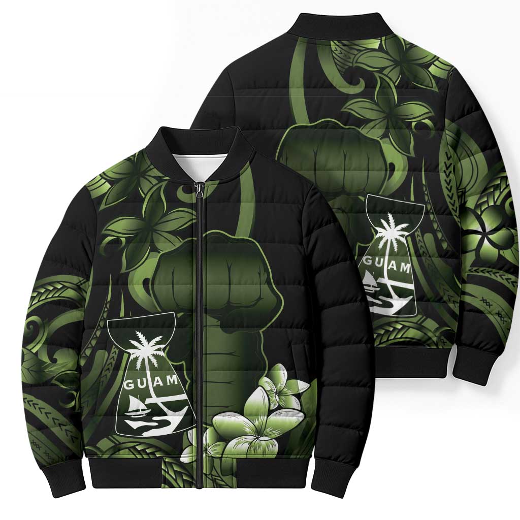 Green Hafa Adai Guam Bomber Puffer Jacket Chamorro Latte Stone Hand With Plumeria LT14 - Polynesian Pride