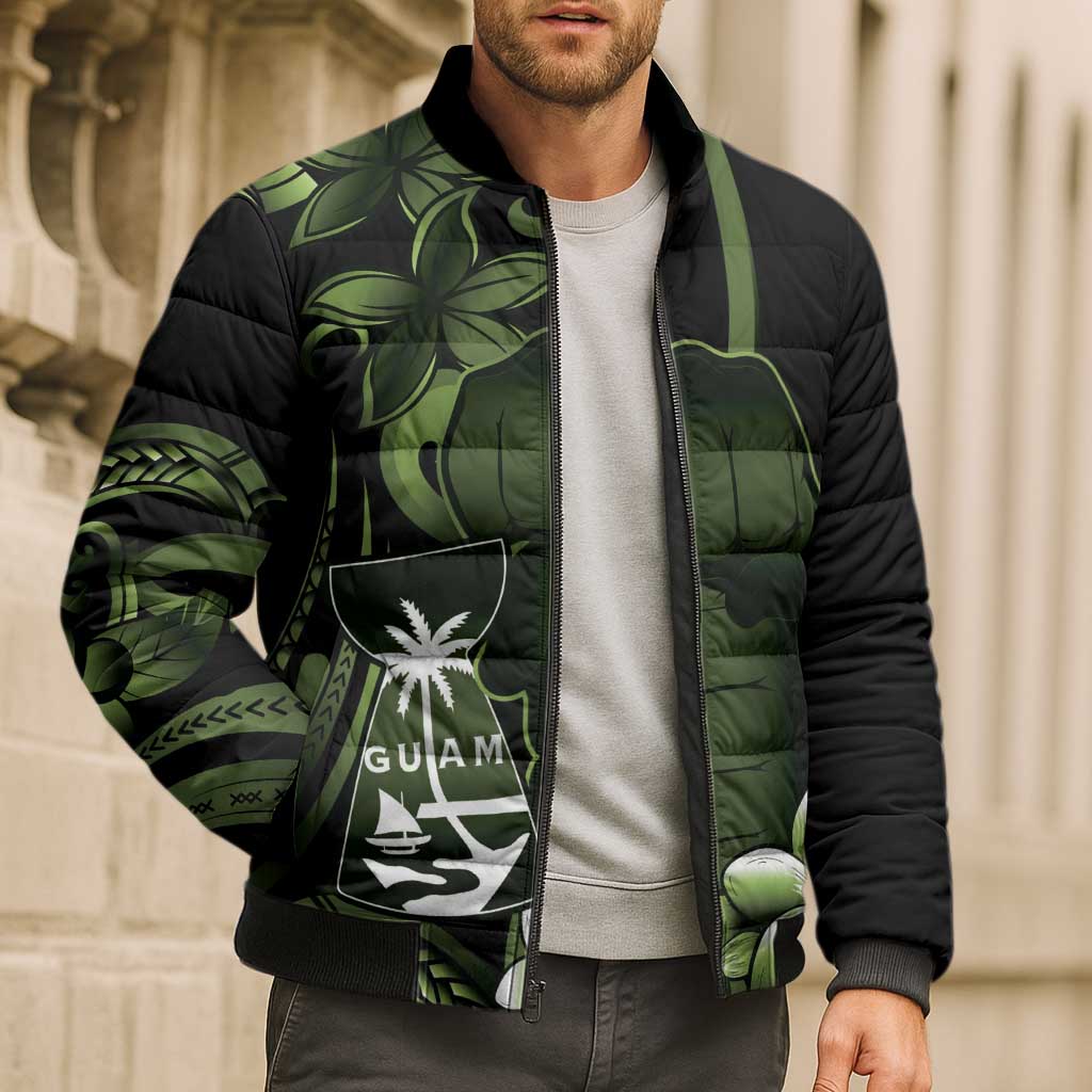 Green Hafa Adai Guam Bomber Puffer Jacket Chamorro Latte Stone Hand With Plumeria LT14 - Polynesian Pride