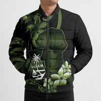 Green Hafa Adai Guam Bomber Puffer Jacket Chamorro Latte Stone Hand With Plumeria LT14 - Polynesian Pride