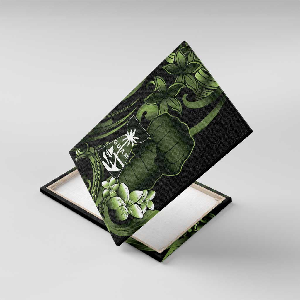 Green Hafa Adai Guam Canvas Wall Art Chamorro Latte Stone Hand With Plumeria LT14 With Frame Green - Polynesian Pride