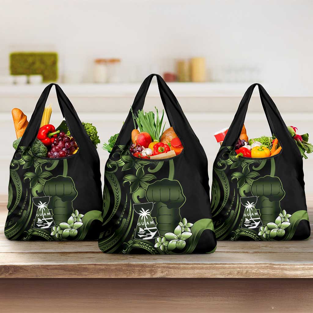 Green Hafa Adai Guam Grocery Bag Chamorro Latte Stone Hand With Plumeria LT14 3-pack One Size Green - Polynesian Pride