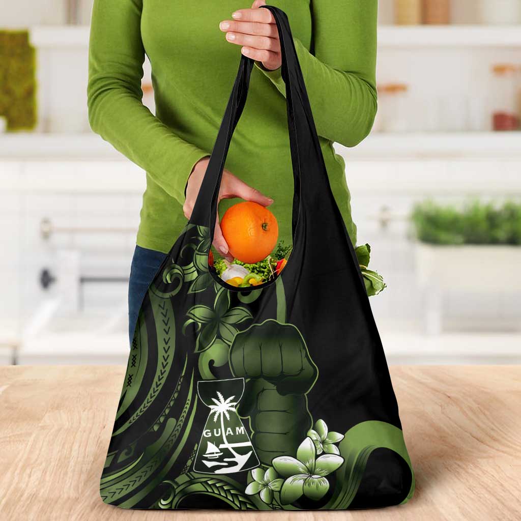 Green Hafa Adai Guam Grocery Bag Chamorro Latte Stone Hand With Plumeria LT14 - Polynesian Pride