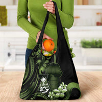 Green Hafa Adai Guam Grocery Bag Chamorro Latte Stone Hand With Plumeria LT14 - Polynesian Pride